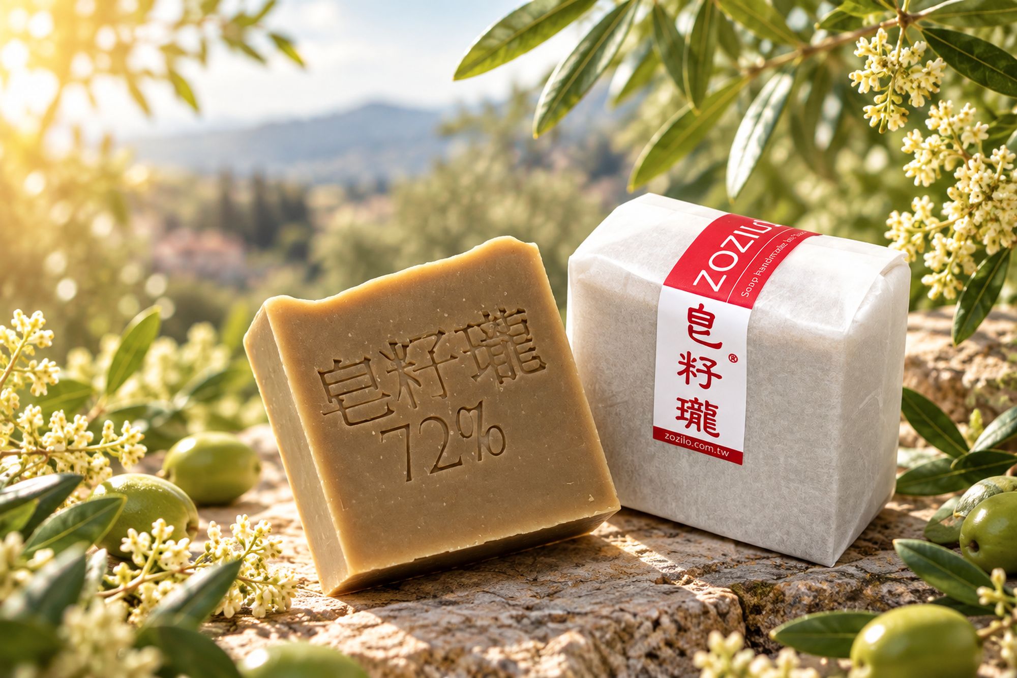 皂籽瓏植萃冷製皂與白色包裝，背景是陽光下的橄欖枝與山景