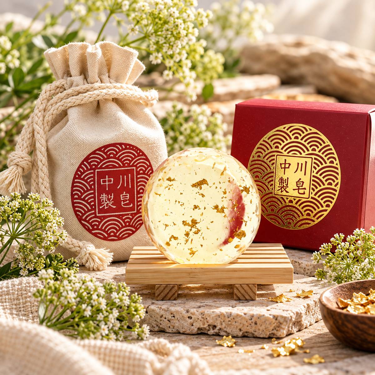 圓形金箔皂、布袋與紅色禮盒